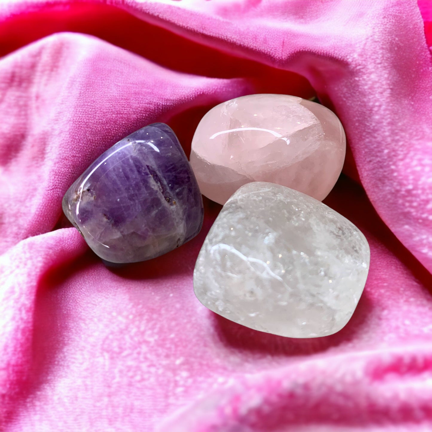 MAGIC TRIO AMETHYST, ROCK CRYSTAL, ROSE QUARTZ HAND STONE